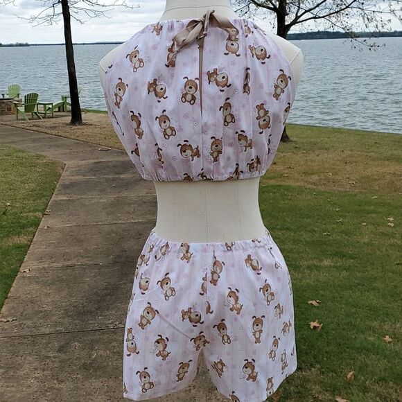 Hey Sue! Vintage Dogs Flowers Handmade Crop Top Shorts Set 70s Style - Picture 5 of 8